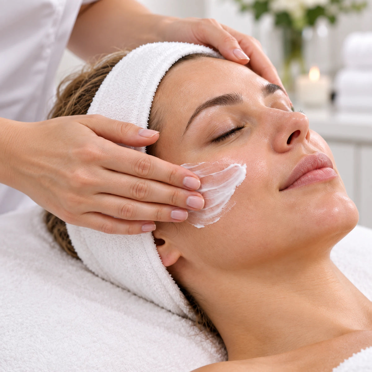 Therapist gently spreading moisturising cream over a client’s cheek during a professional facial.