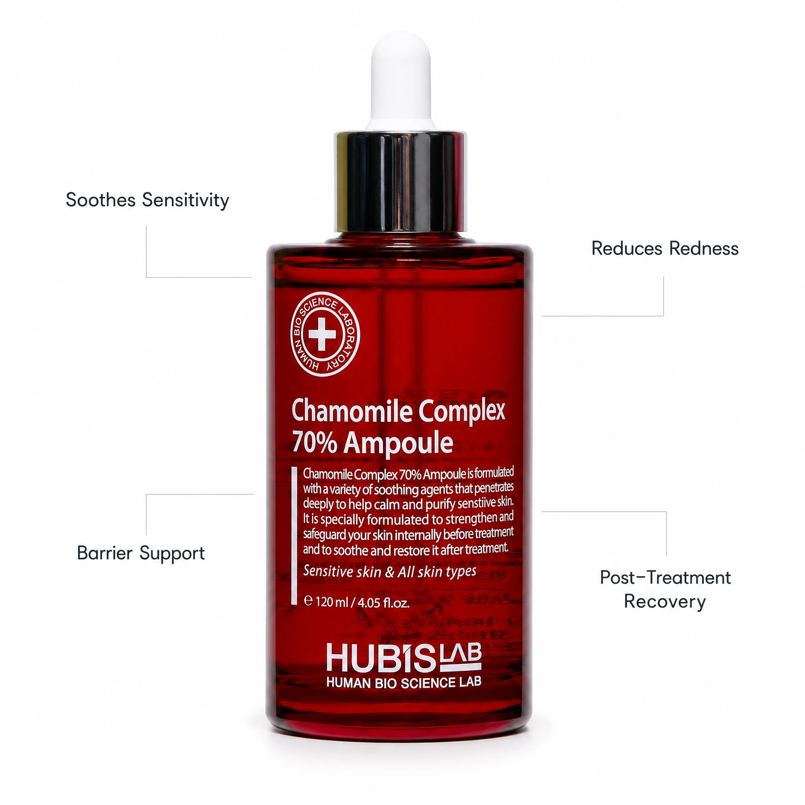 Hubislab Chamomile Complex 70% Ampoule 120ml professional red dropper bottle with benefit callouts for soothing sensitivity, reducing redness, barrier support and post-treatment recovery.