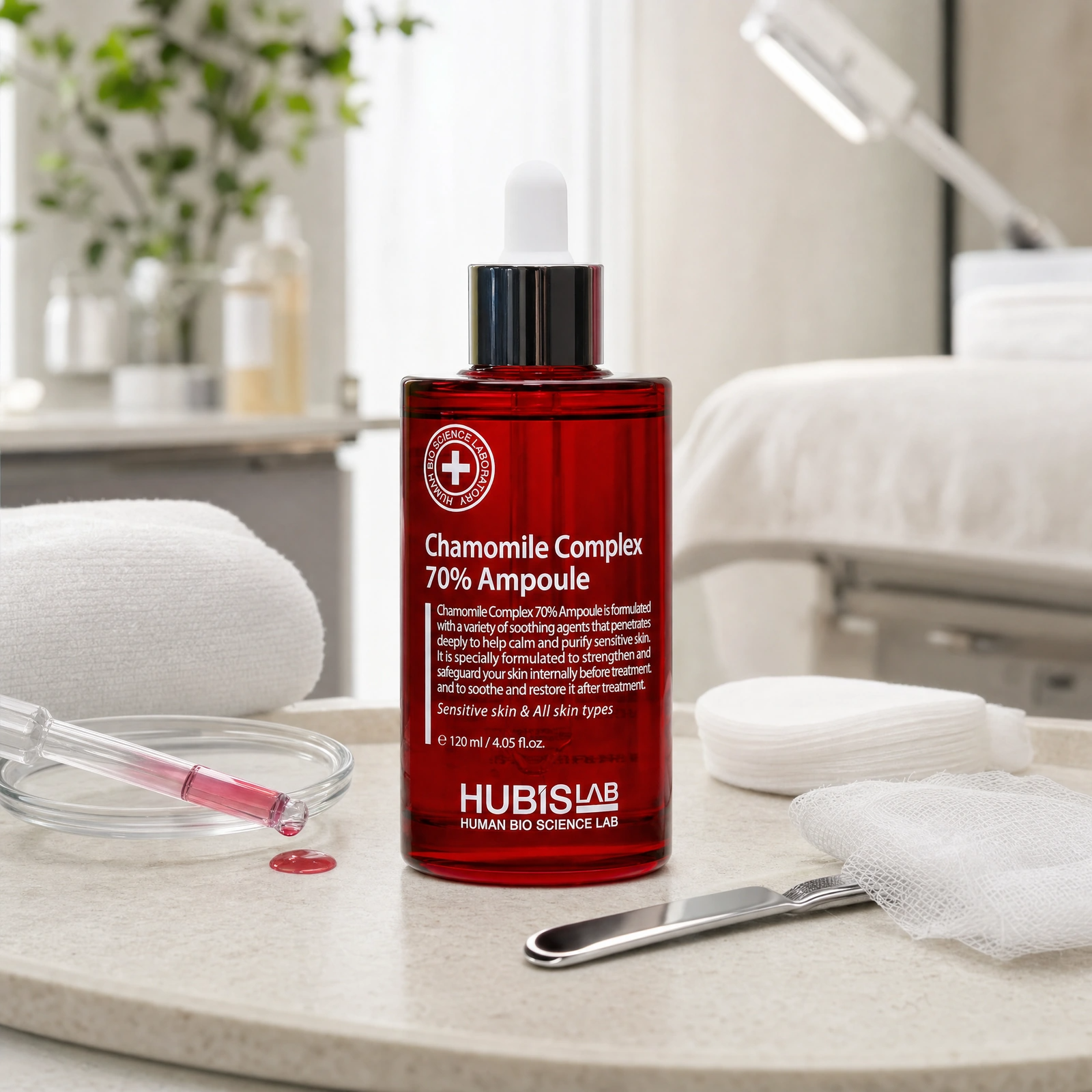Hubislab Chamomile Complex 70% Ampoule 120ml displayed in a premium clinical treatment-room setting for professional calming ampoule protocols, sensitive skin treatments and post-treatment recovery.