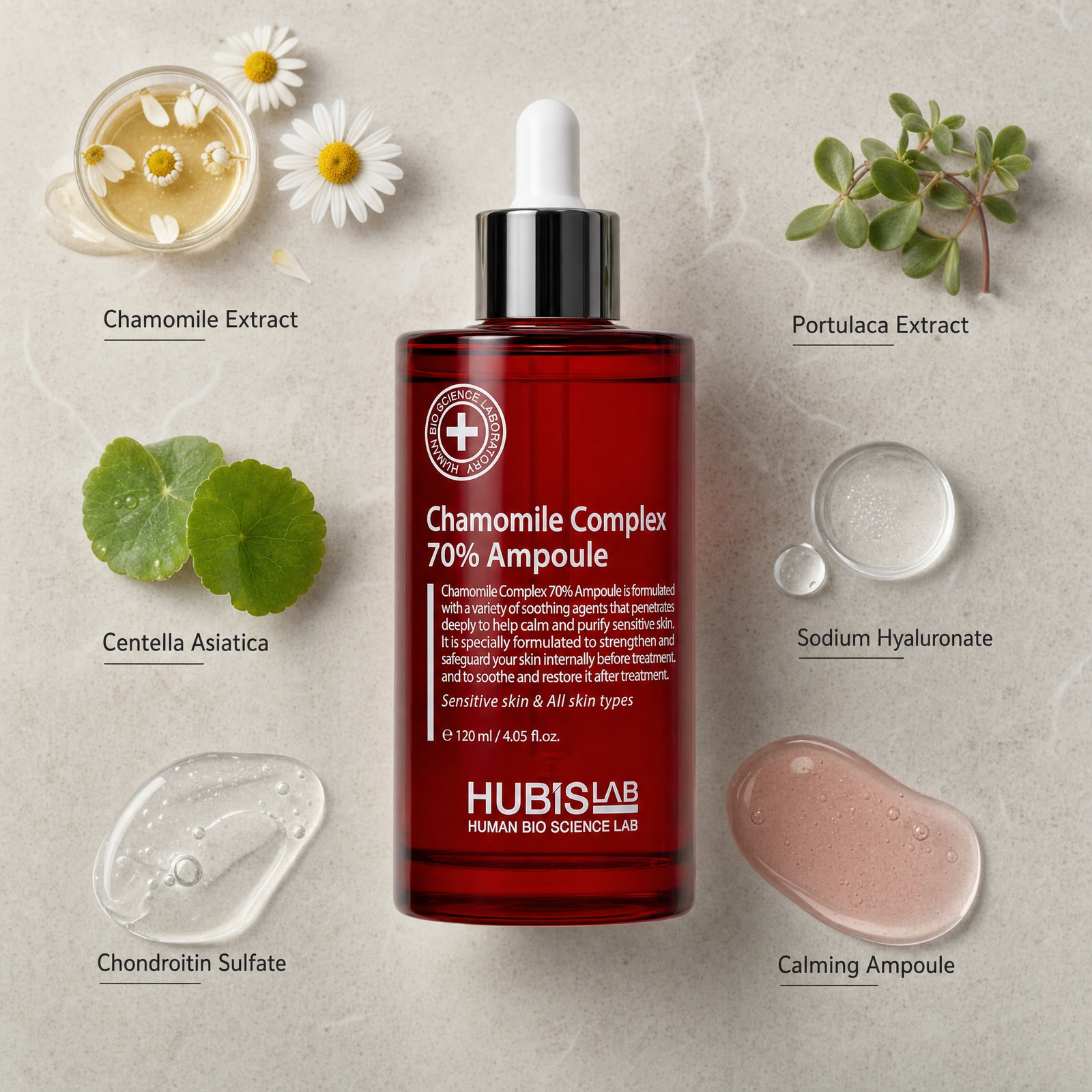 Hubislab Chamomile Complex 70% Ampoule 120ml ingredient flatlay with Chamomile Extract, Portulaca Extract, Centella Asiatica, Chondroitin Sulfate, Sodium Hyaluronate and Calming Ampoule.