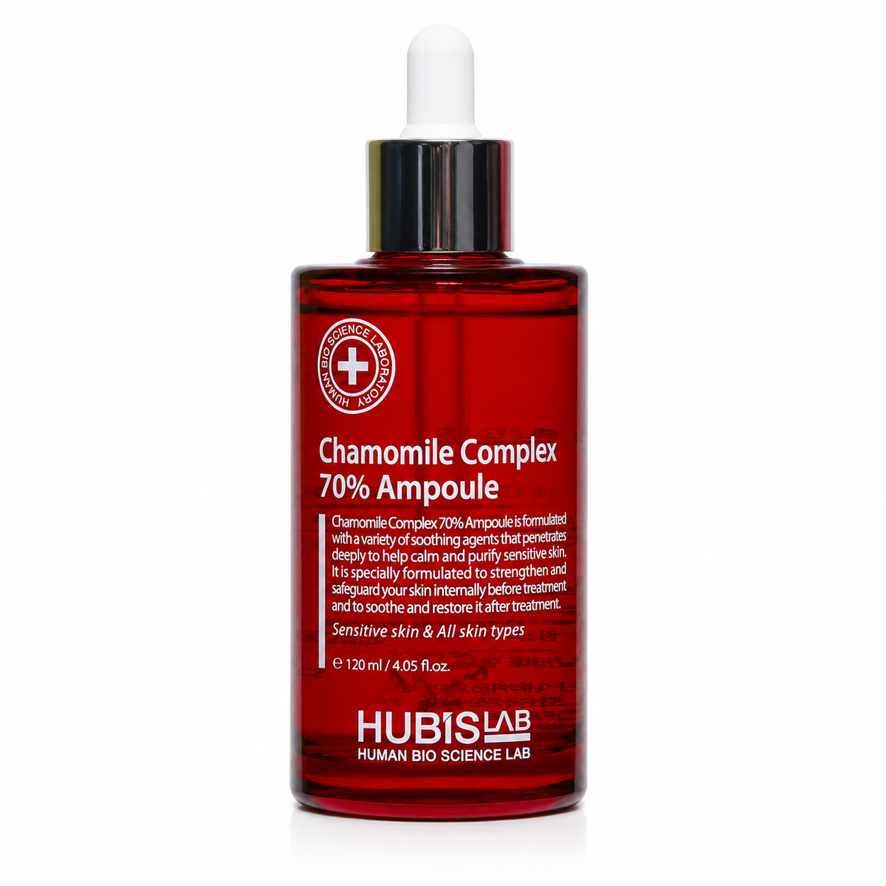 Hubislab Chamomile Complex 70% Ampoule 120ml serum bottle packshot on white background.