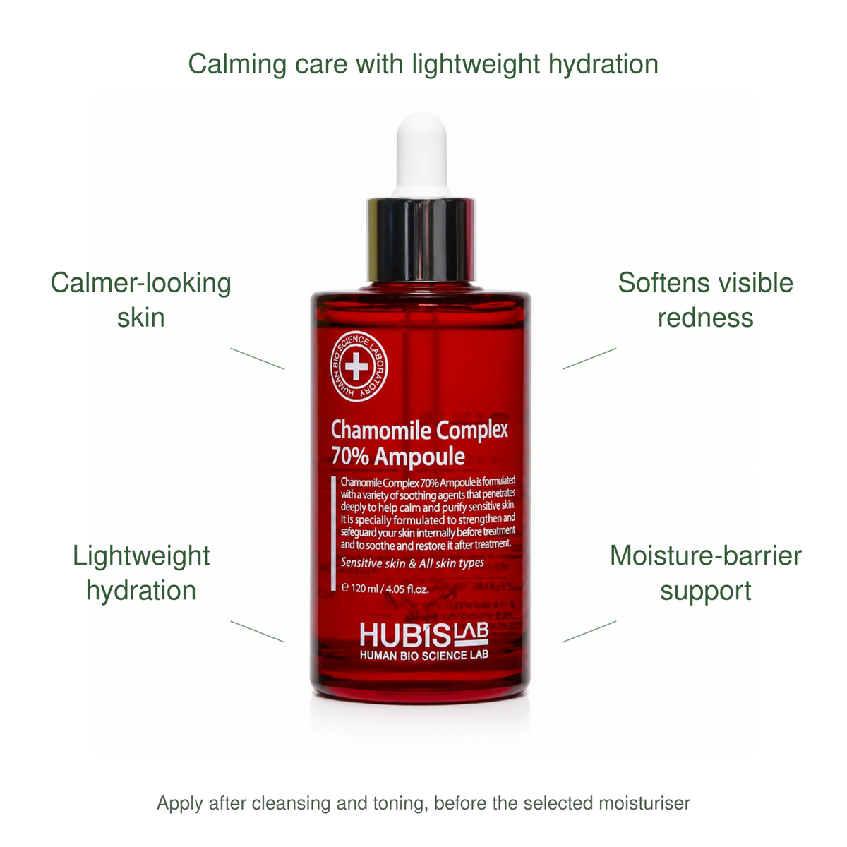 HUBISLAB chamomile complex 70 ampoule benefits: Calmer-looking skin, Softens visible redness, Lightweight hydration, Moisture-barrier support.