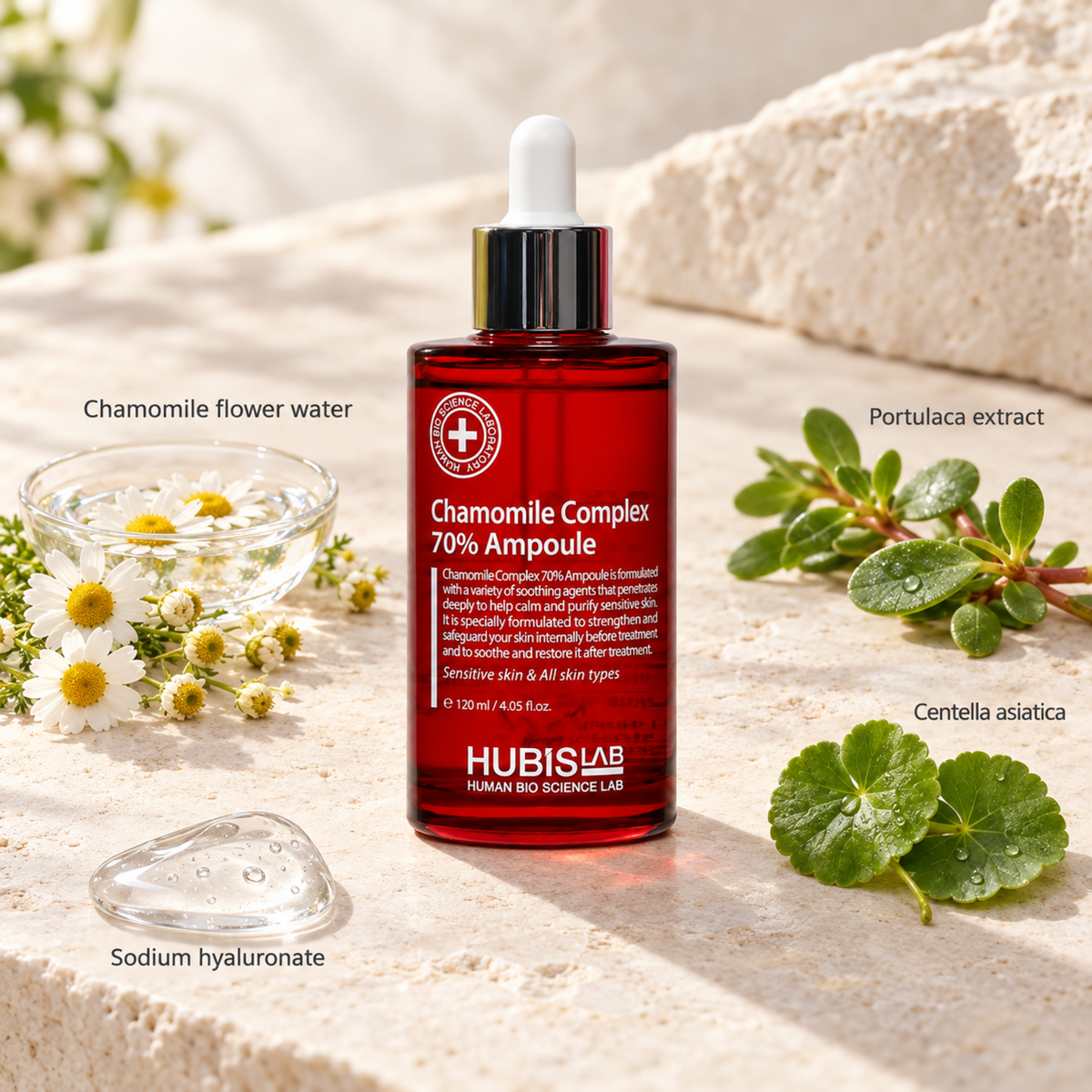 HUBISLAB chamomile complex 70 ampoule with an illustrative ingredient composition labelled Chamomile flower water, Portulaca extract, Centella asiatica, Sodium hyaluronate.