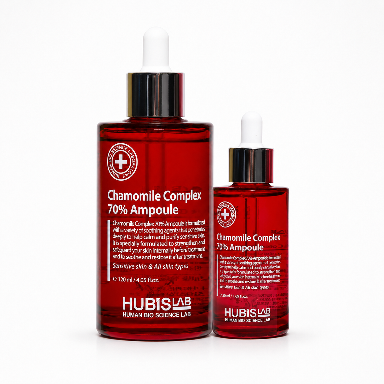 Hubislab Chamomile Complex 70% Ampoule retail and professional variant image showing the 50ml retail dropper bottle and 120ml professional dropper bottle together on a clean white background.