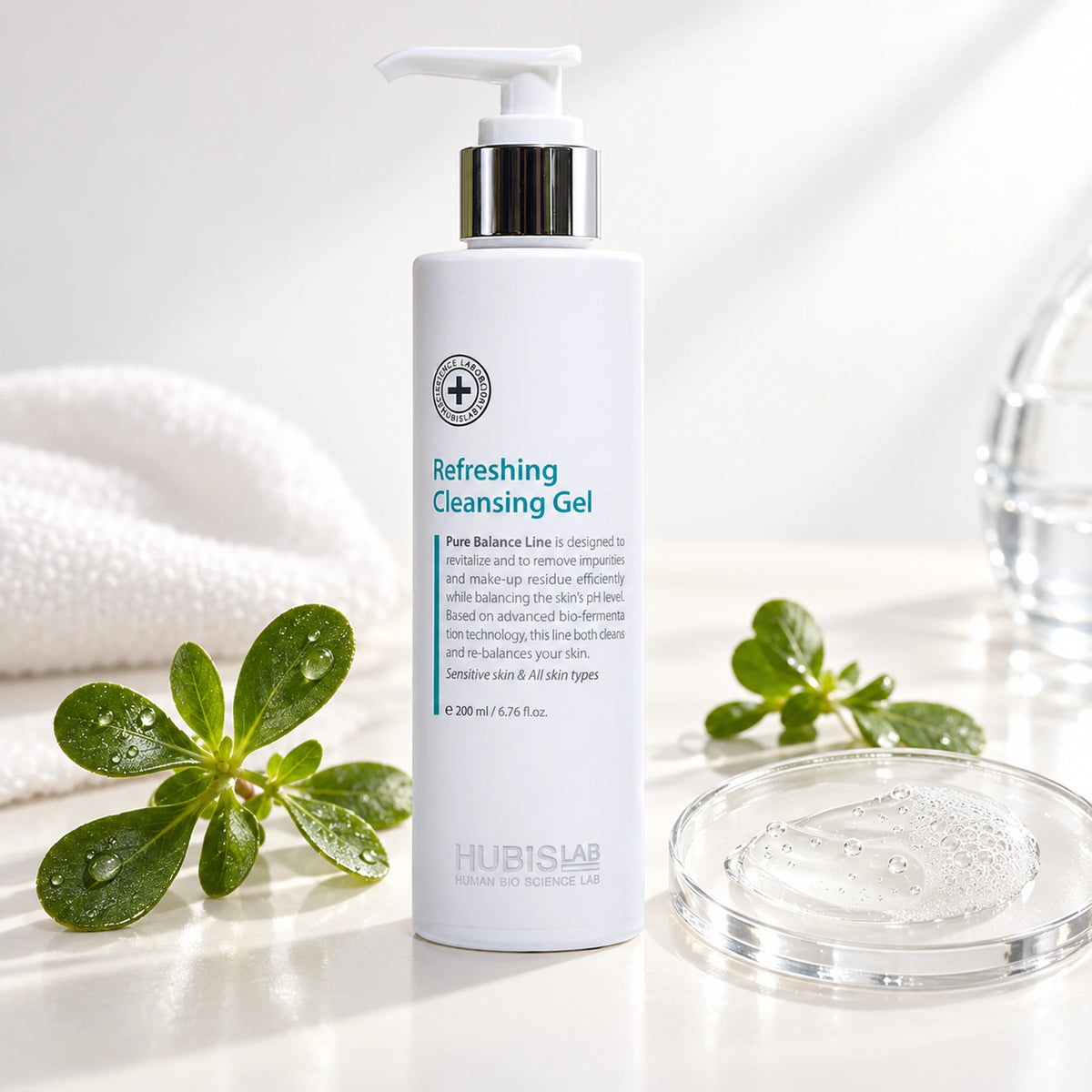 HUBISLAB Refreshing Cleansing Gel 200 ml beside a gel-texture display and portulaca leaves.