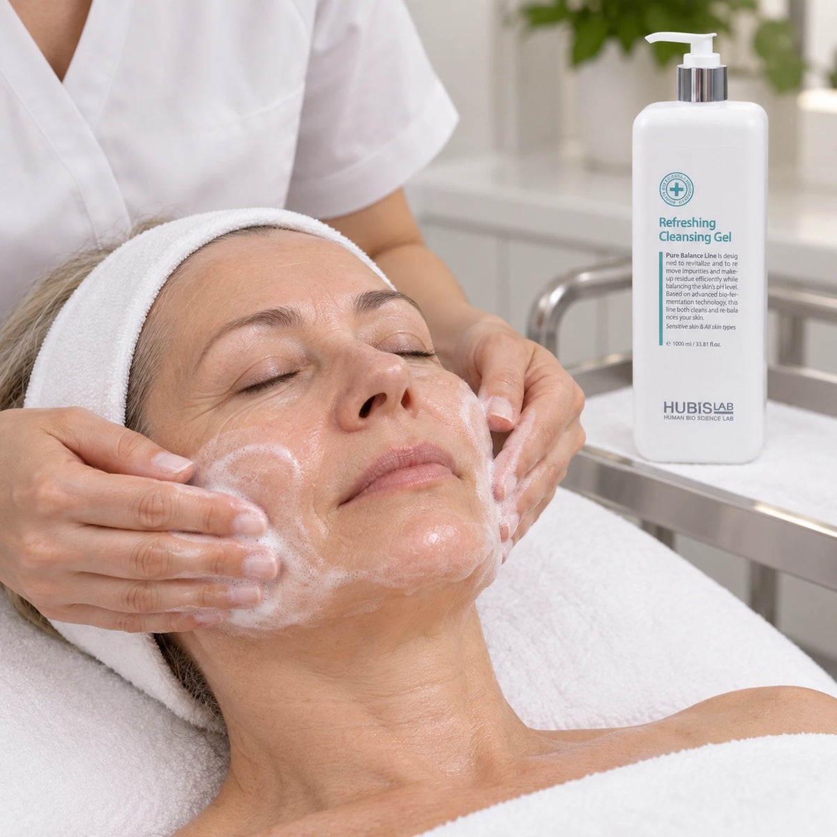 Therapist applying HUBISLAB cleansing gel with the 1000 ml presentation shown.