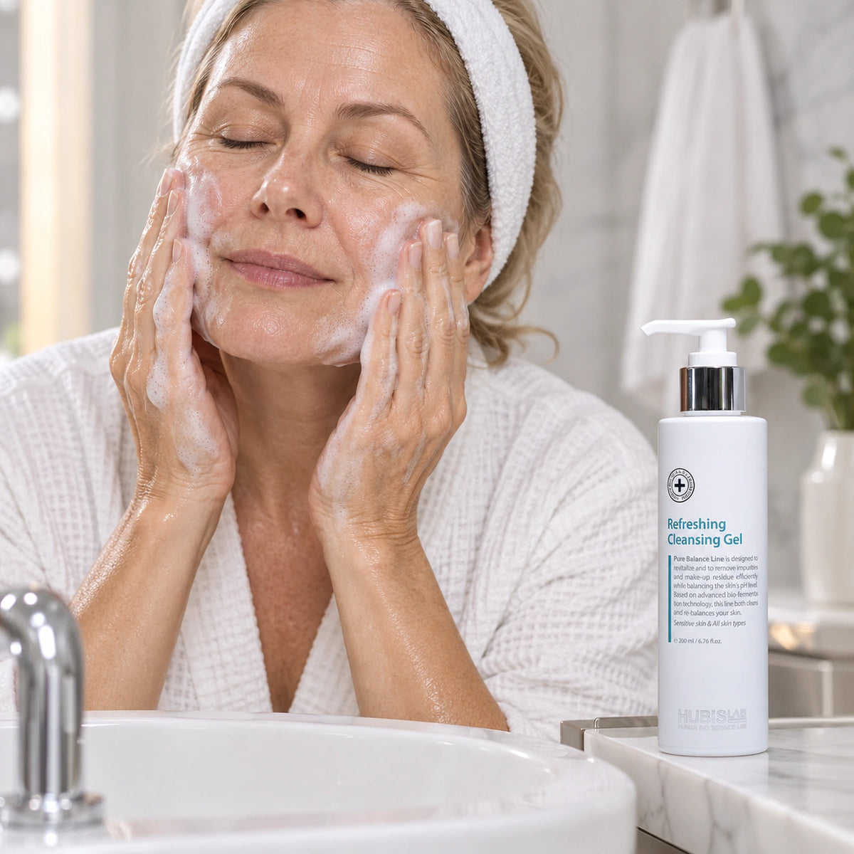 Client applying HUBISLAB cleansing gel with the 200 ml presentation shown.