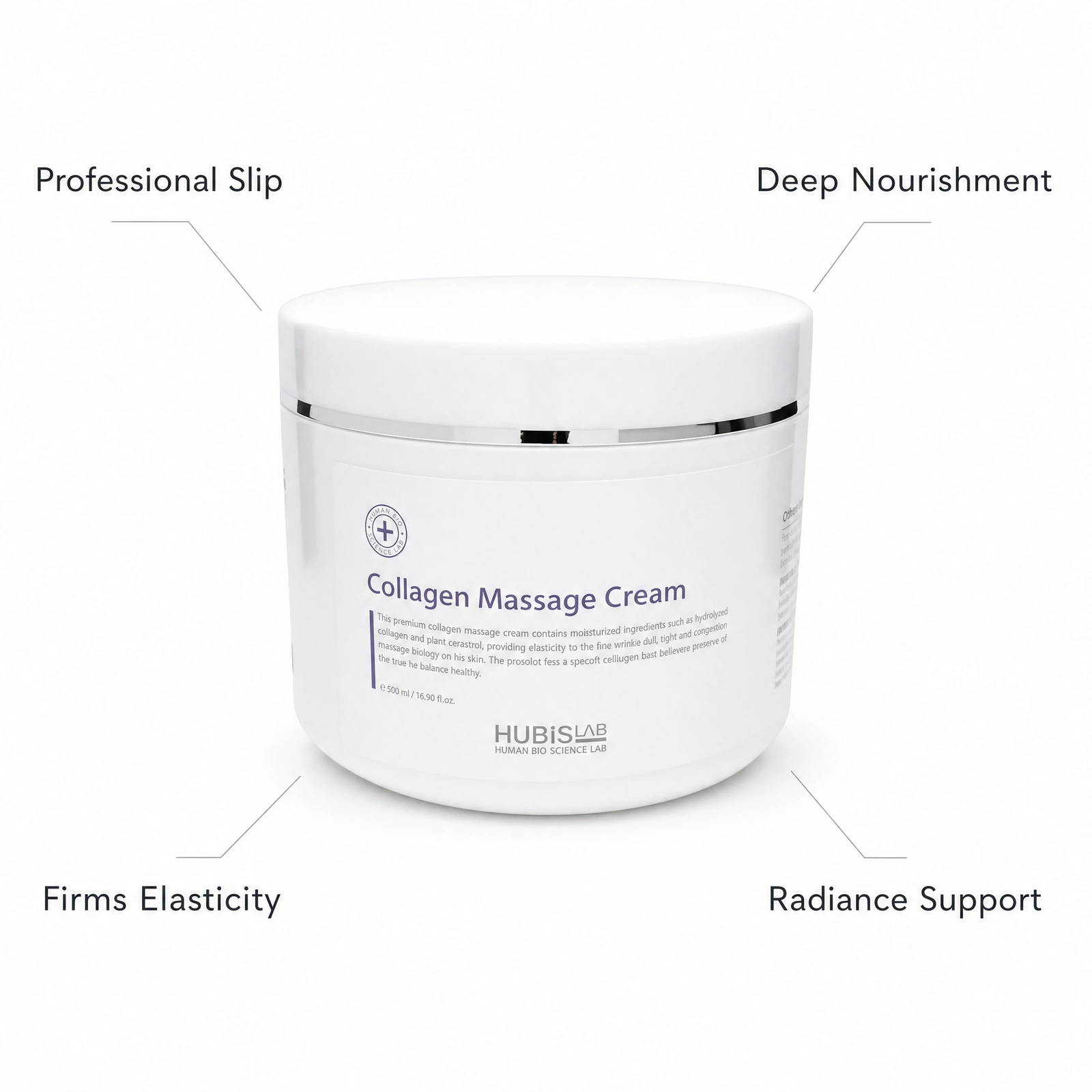 Hubislab Collagen Massage Cream 500ml with professional benefit callouts for massage slip, deep nourishment, firming elasticity and radiance support.