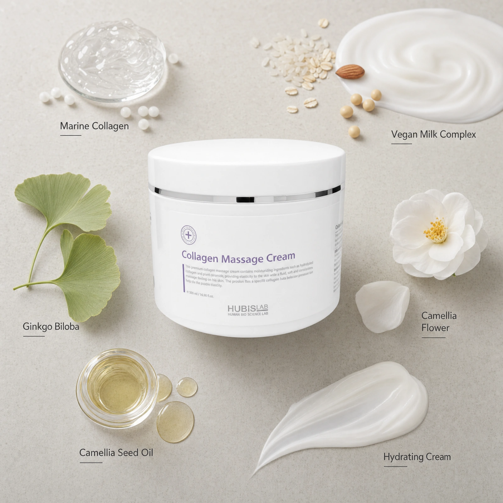 Hubislab Collagen Massage Cream 500ml ingredient flatlay with Marine Collagen, Vegan Milk Complex, Ginkgo Biloba, Camellia Flower, Camellia Seed Oil and Hydrating Cream.