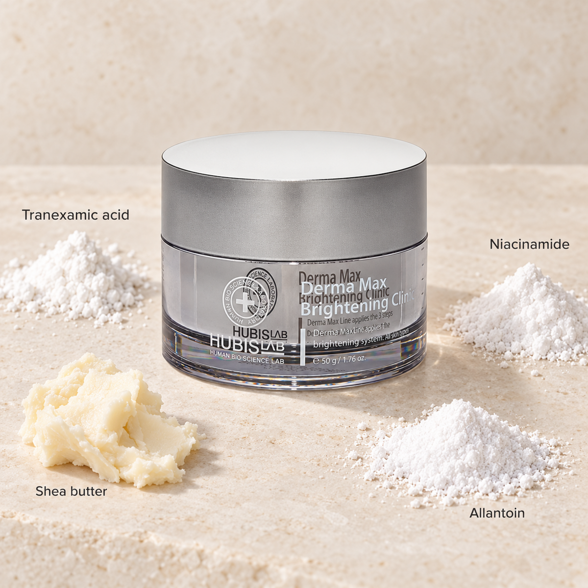 HUBISLAB derma max brightening clinic with an illustrative ingredient composition labelled Tranexamic acid, Niacinamide, Shea butter, Allantoin.