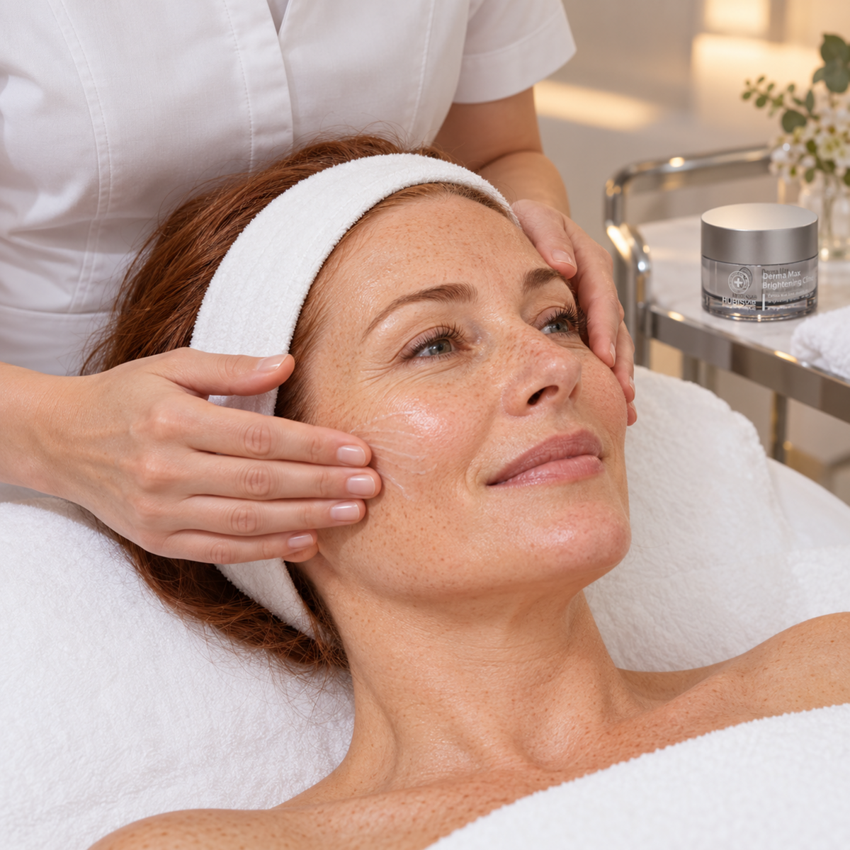 Therapist demonstrating gentle cream application beside HUBISLAB Brightening Clinic 50 g for individually selected evening post-care.