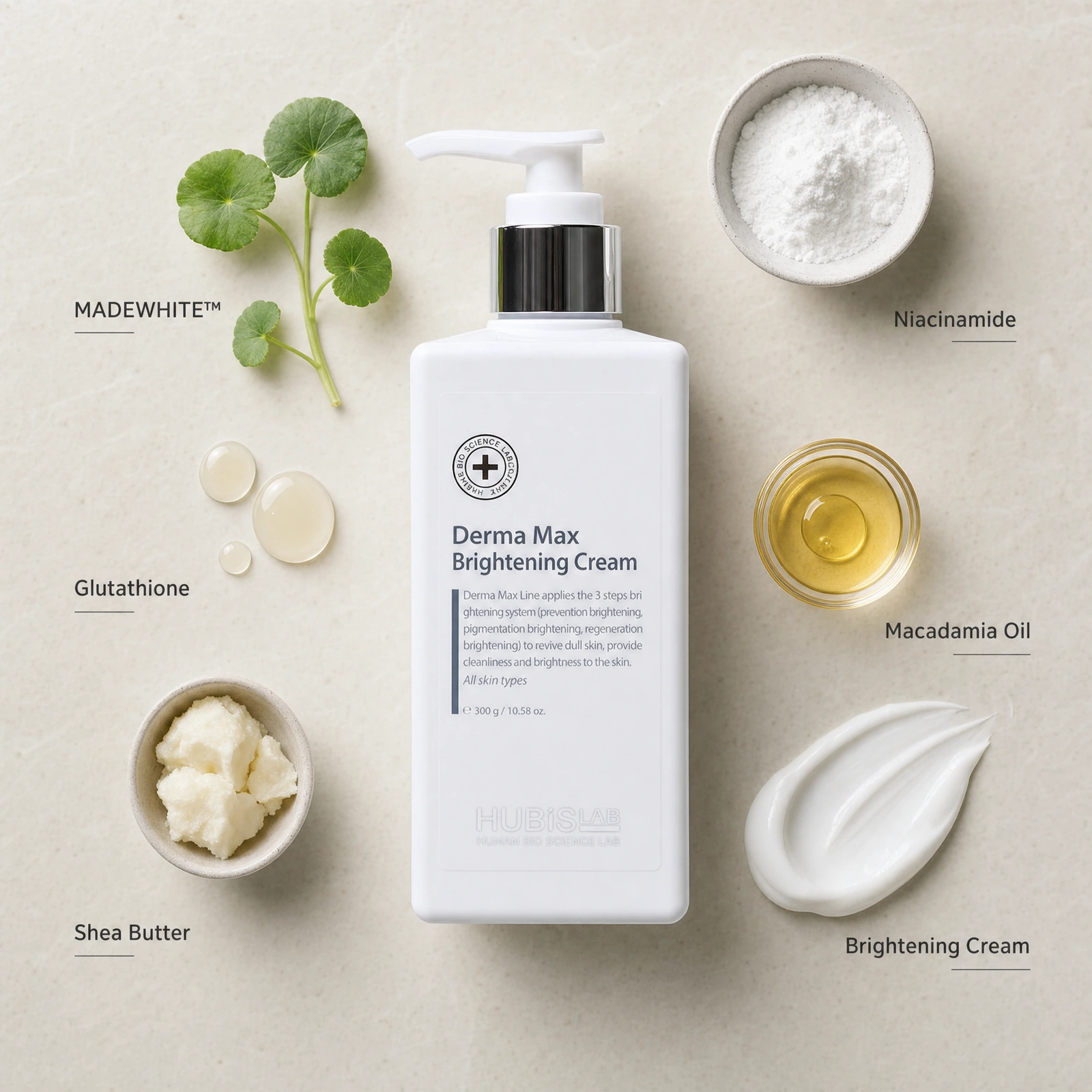 Hubislab Derma Max Brightening Cream 300g ingredient flatlay with MADEWHITE, Niacinamide, Glutathione, Macadamia Oil, Shea Butter and Brightening Cream.