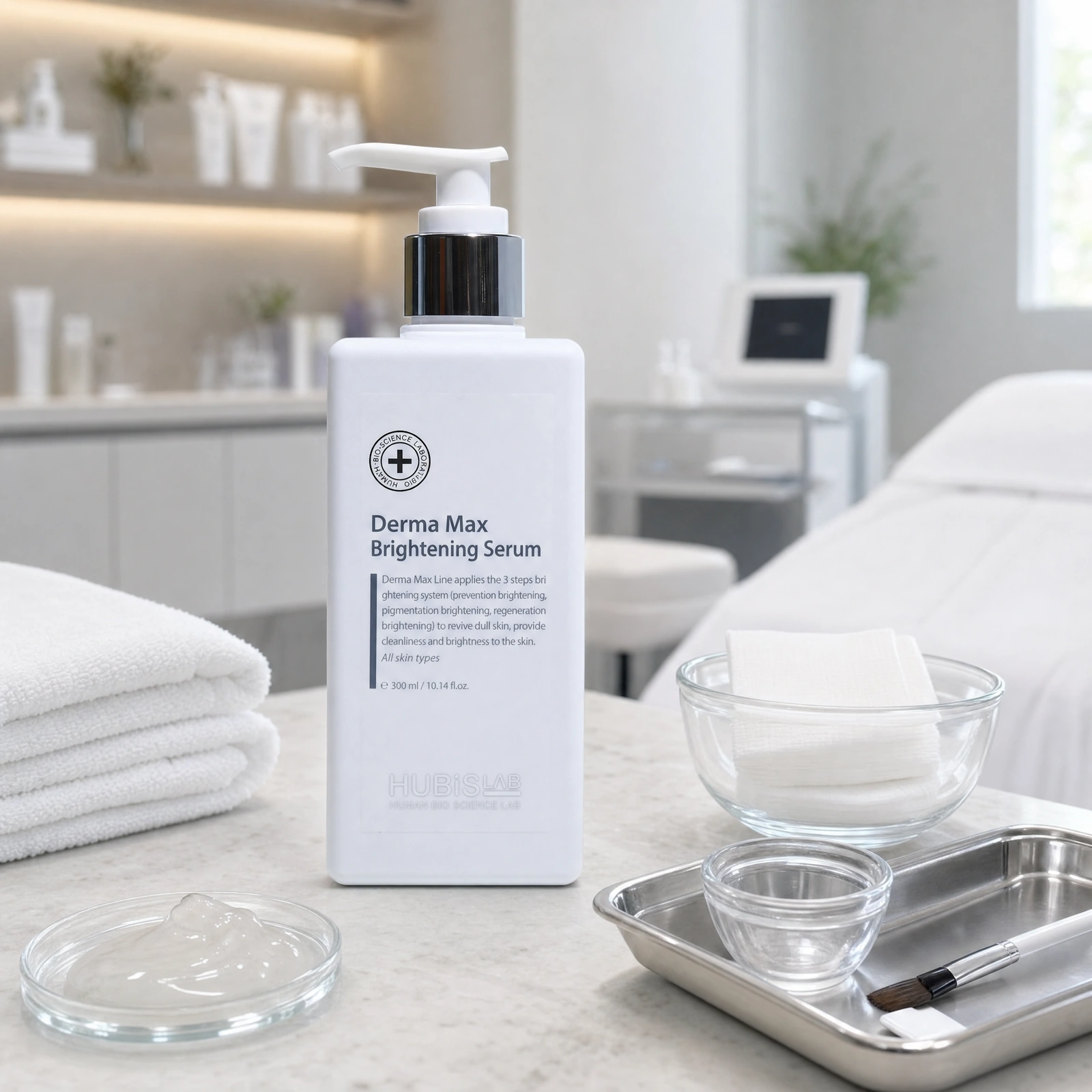 Hubislab Derma Max Brightening Serum 300ml displayed in a premium clinical treatment-room setting for professional brightening serum protocols, pigmentation care and radiance-focused treatments.