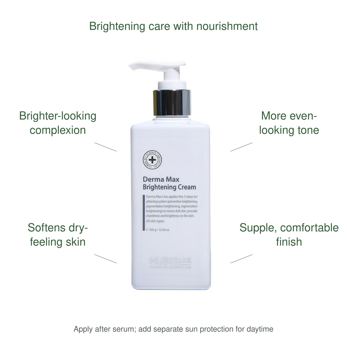 HUBISLAB derma max brilliance cream benefits: Brighter-looking complexion, More even-looking tone, Softens dry-feeling skin, Supple, comfortable finish.