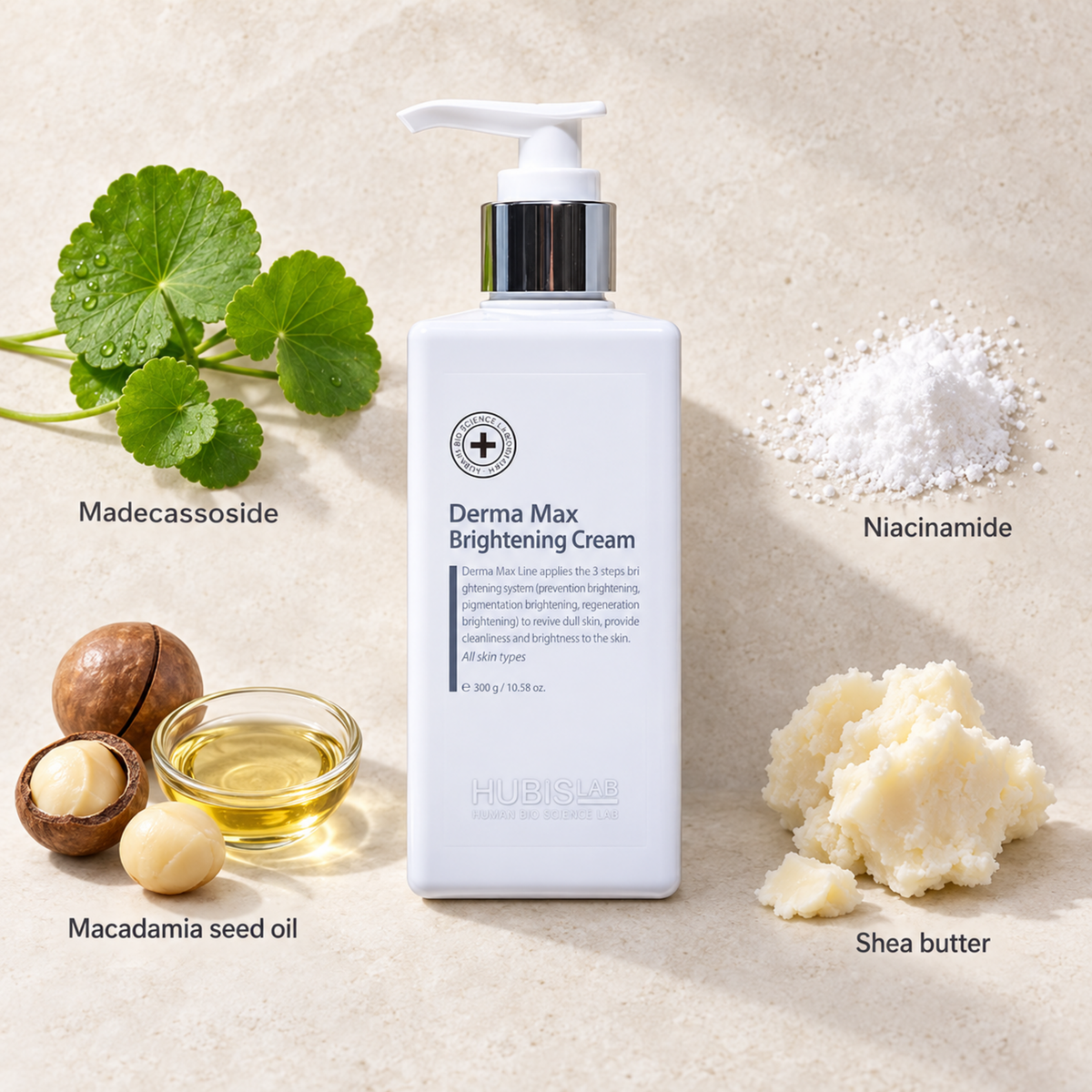 HUBISLAB derma max brilliance cream with an illustrative ingredient composition labelled Madecassoside, Niacinamide, Macadamia seed oil, Shea butter.