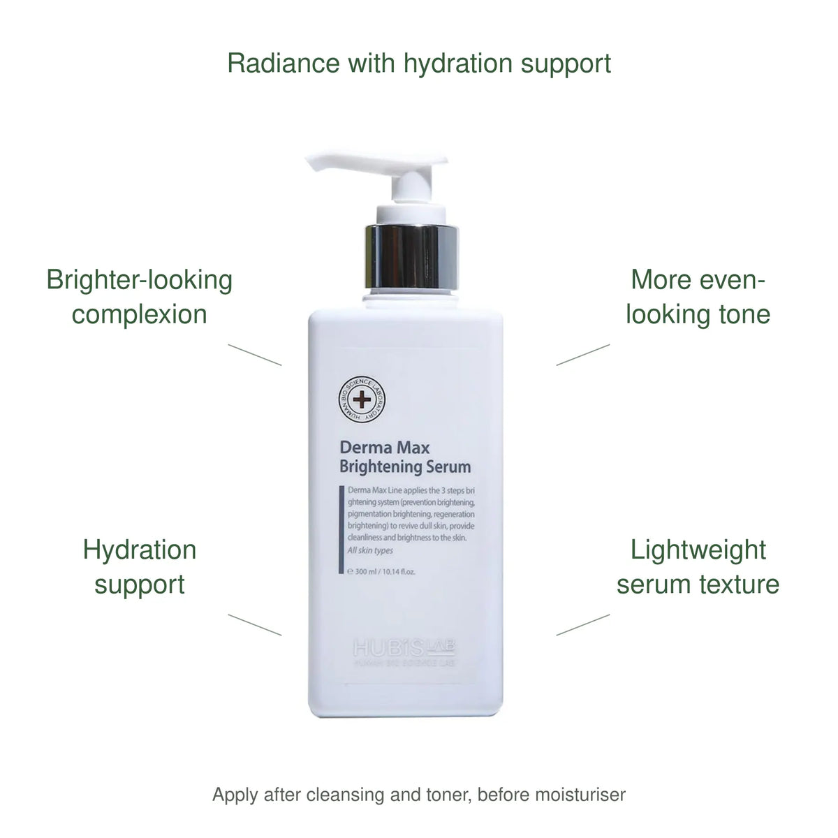 HUBISLAB derma max brilliance serum benefits: Brighter-looking complexion, More even-looking tone, Hydration support, Lightweight serum texture.
