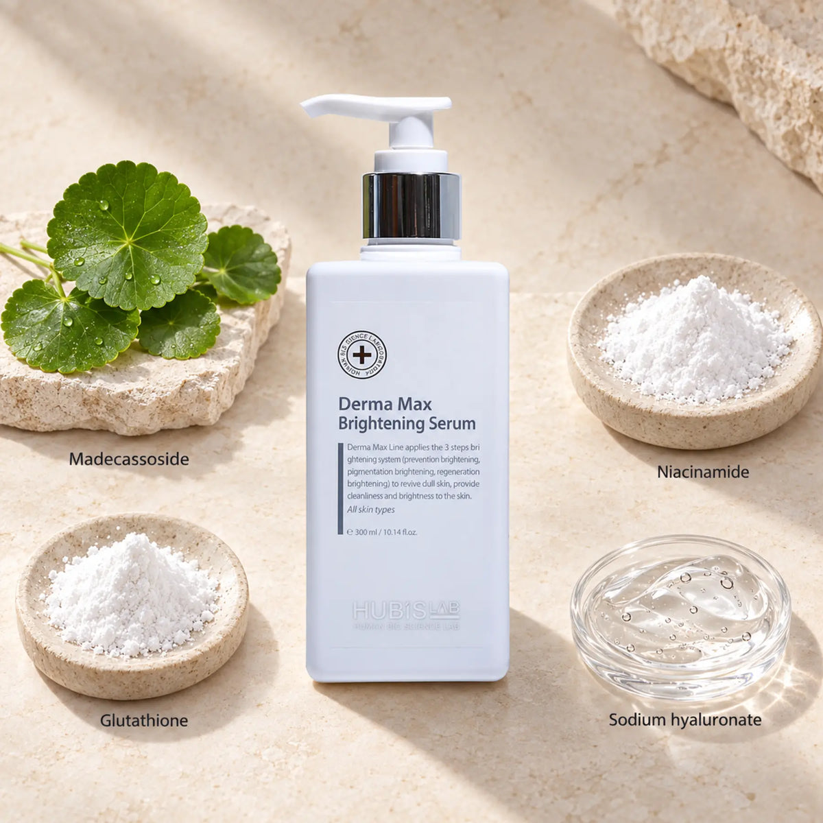 HUBISLAB derma max brilliance serum with an illustrative ingredient composition labelled Madecassoside, Niacinamide, Glutathione, Sodium hyaluronate.