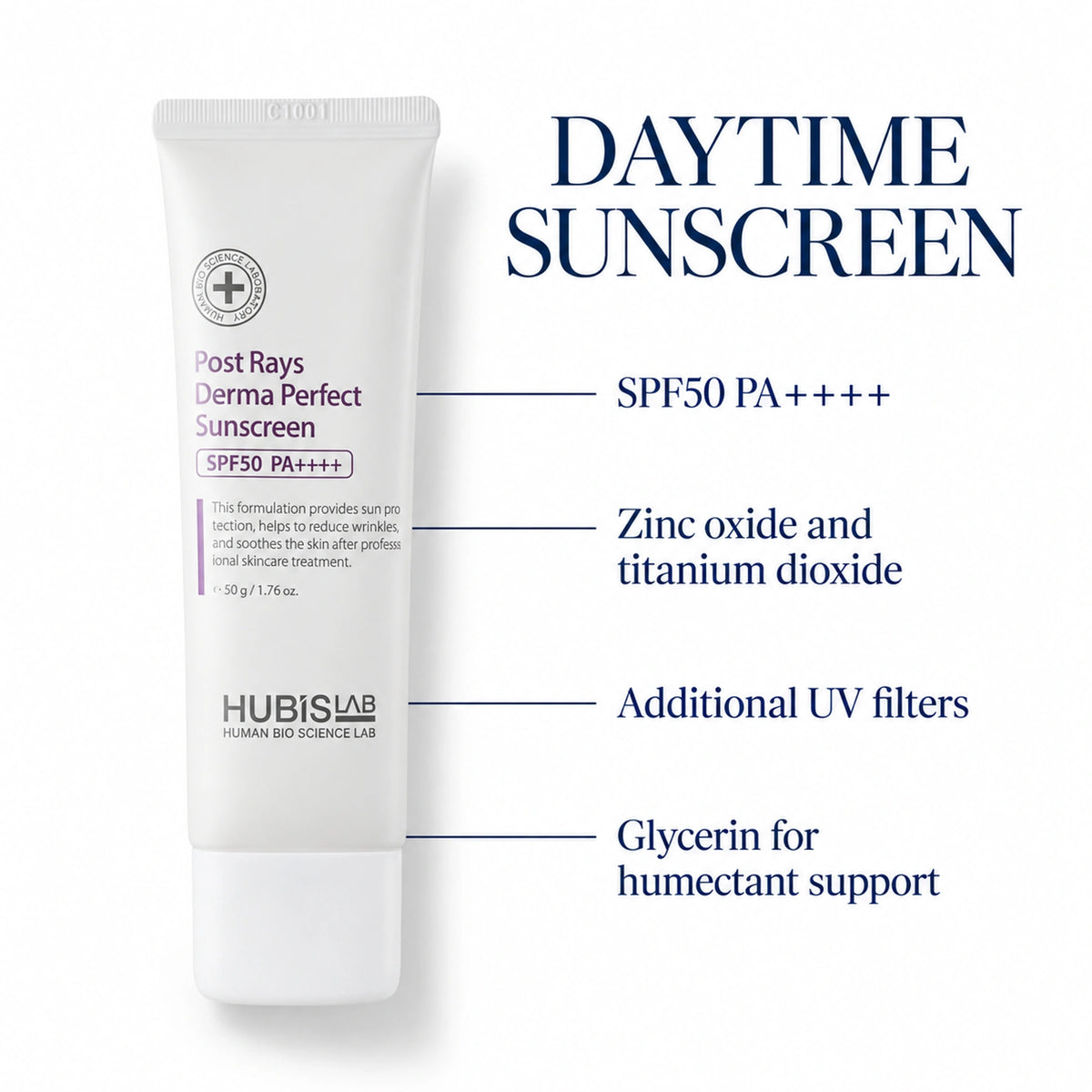 HUBISLAB derma perfect sunscreen packaging with verified product and ingredient information.