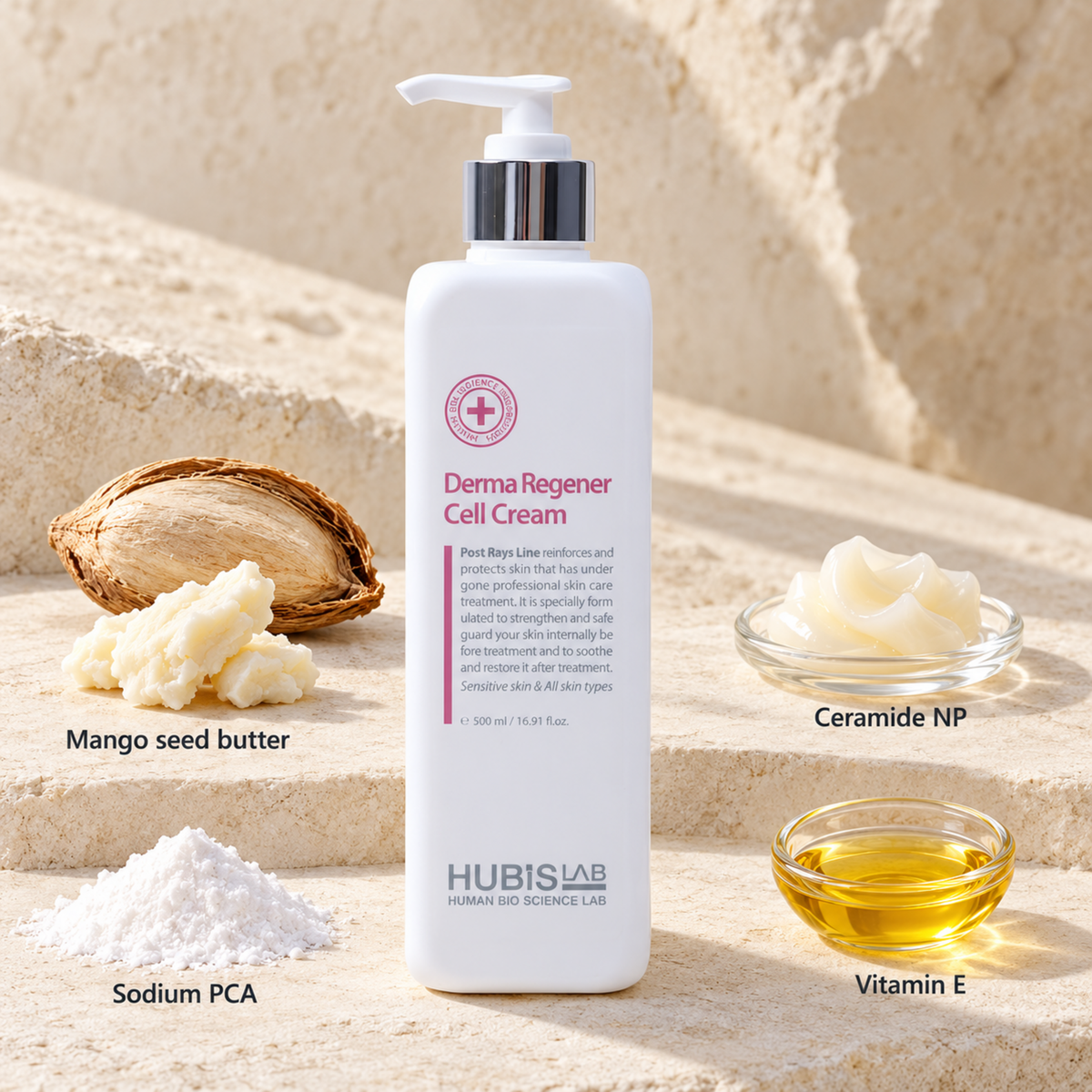 HUBISLAB derma regener cell cream with an illustrative ingredient composition labelled Mango seed butter, Ceramide NP, Sodium PCA, Vitamin E.