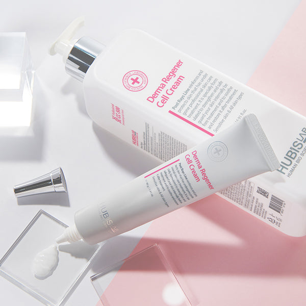 Hubislab Derma Regener Cell Cream retail and professional duo on a light pink background