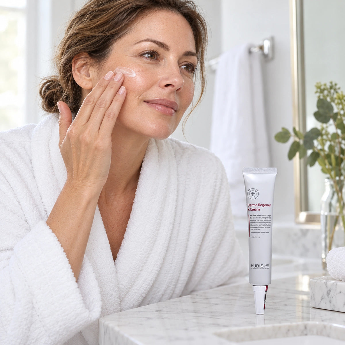 Woman applying moisturiser beside HUBISLAB Derma Regener K Cream retail 40 g tube