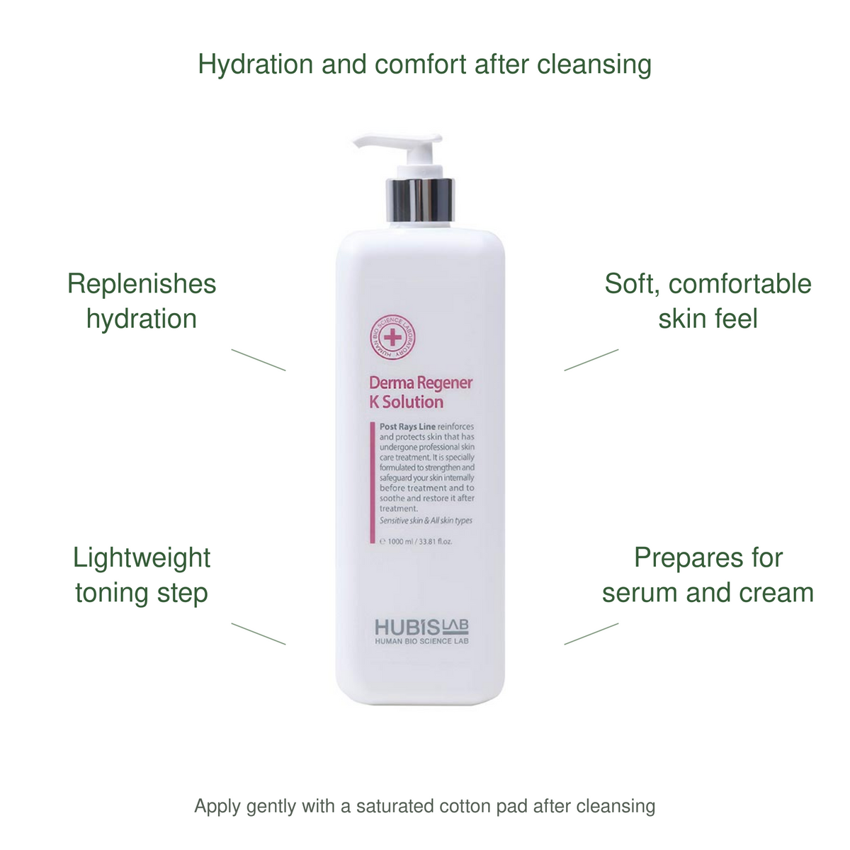 HUBISLAB derma regener k solution benefits: Replenishes hydration, Soft, comfortable skin feel, Lightweight toning step, Prepares for serum and cream.