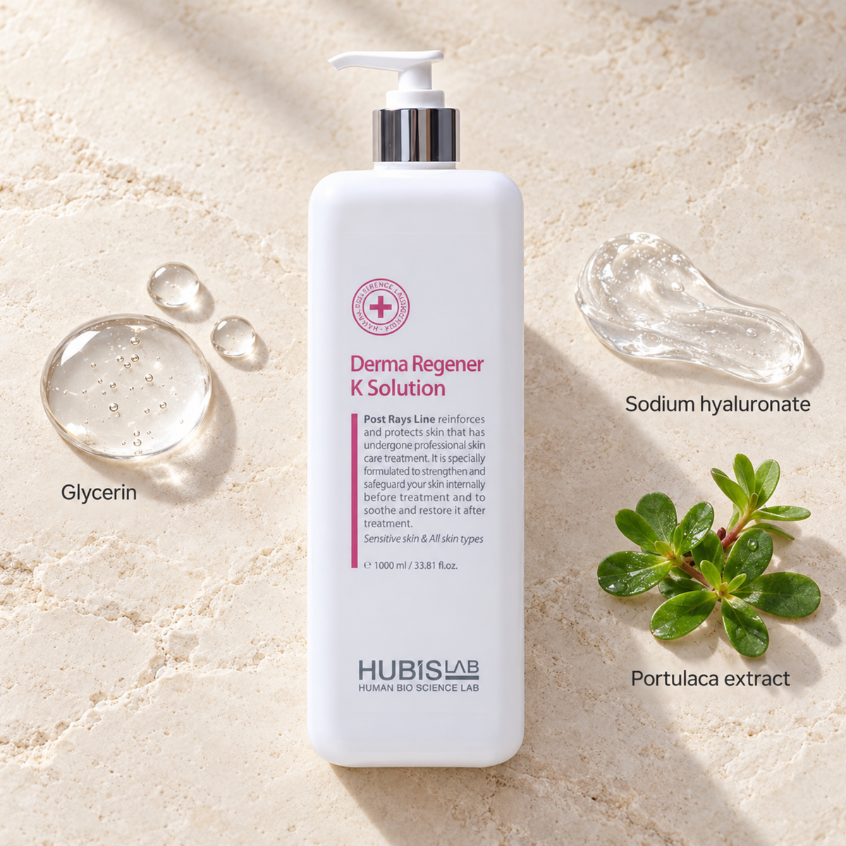HUBISLAB derma regener k solution with an illustrative ingredient composition labelled Glycerin, Sodium hyaluronate, Portulaca extract.