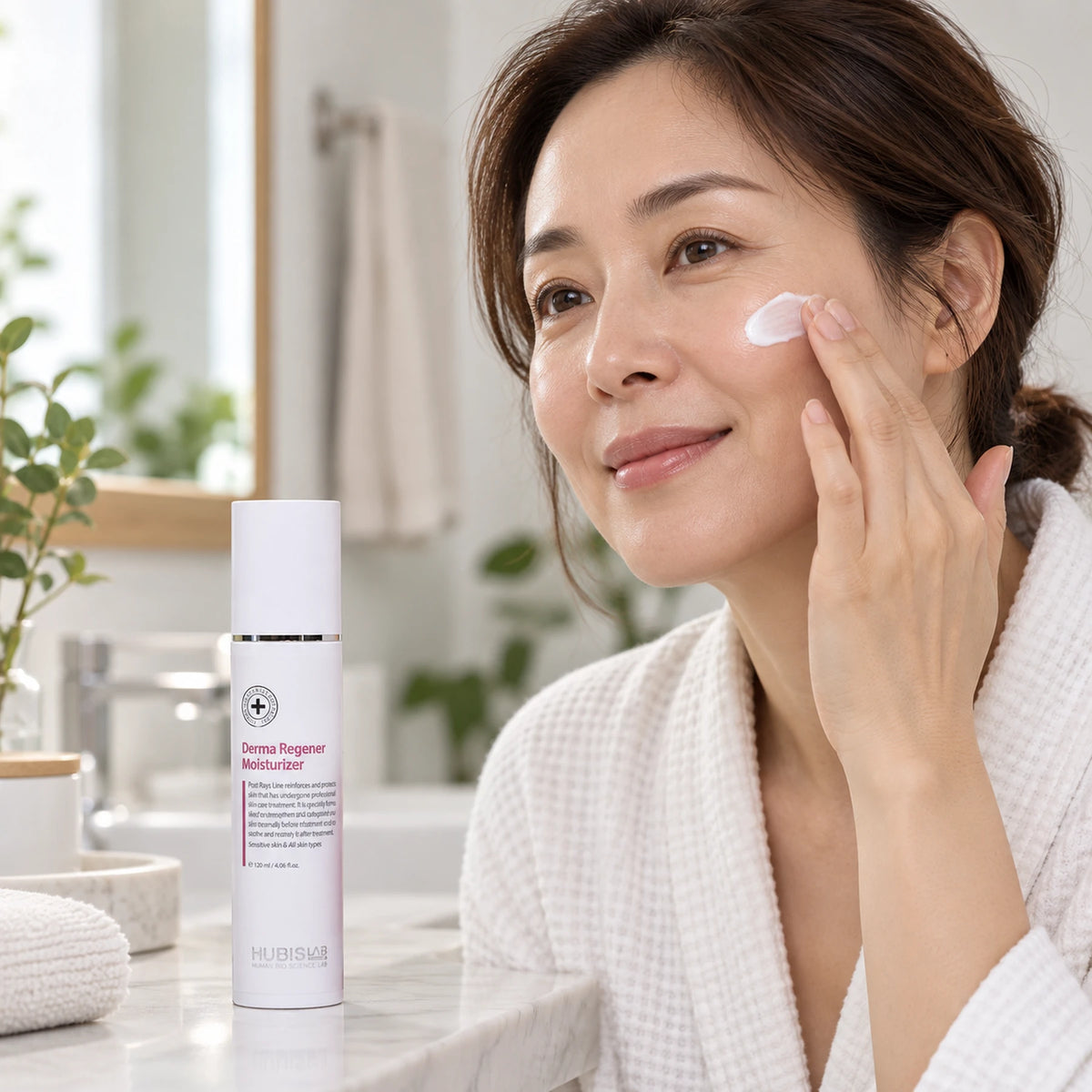 Woman applying HUBISLAB Derma Regener Moisturizer at home, with the retail 120 ml bottle on the vanity.