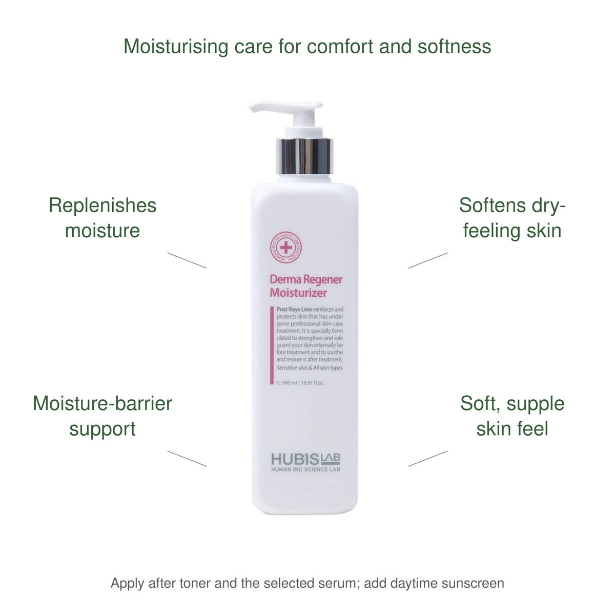 HUBISLAB derma regener moisturizer benefits: Replenishes moisture, Softens dry-feeling skin, Moisture-barrier support, Soft, supple skin feel.