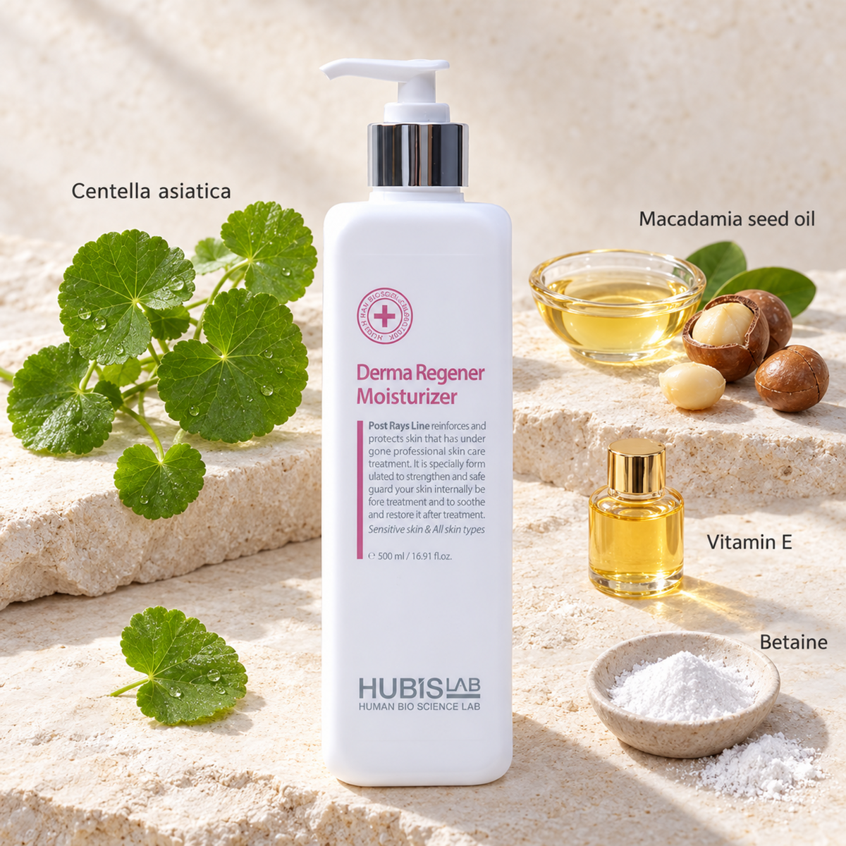 HUBISLAB derma regener moisturizer with an illustrative ingredient composition labelled Centella asiatica, Macadamia seed oil, Vitamin E, Betaine.