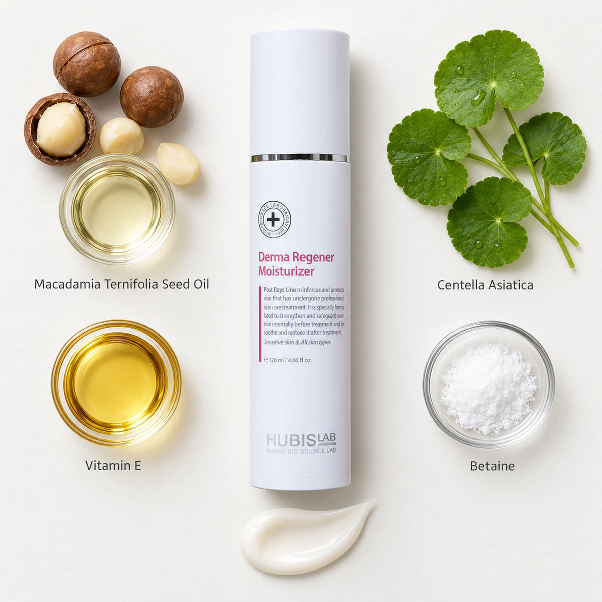 HUBISLAB Derma Regener Moisturizer 120 ml with macadamia seed oil, centella asiatica, vitamin E and betaine.