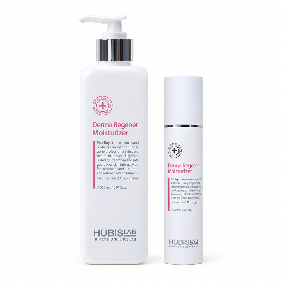 HUBISLAB Derma Regener Moisturizer professional 500 ml pump bottle and retail 120 ml bottle.