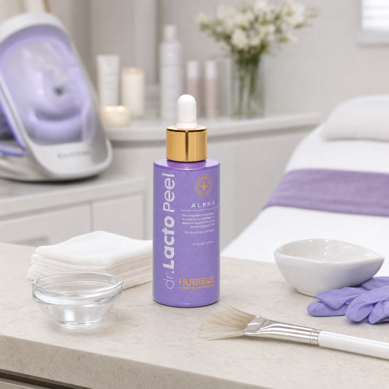 Hubislab Dr. Lacto Peel Alpha 50ml displayed in a premium clinical treatment-room setting for professional AHA peel protocols, texture refinement and radiance-focused treatments