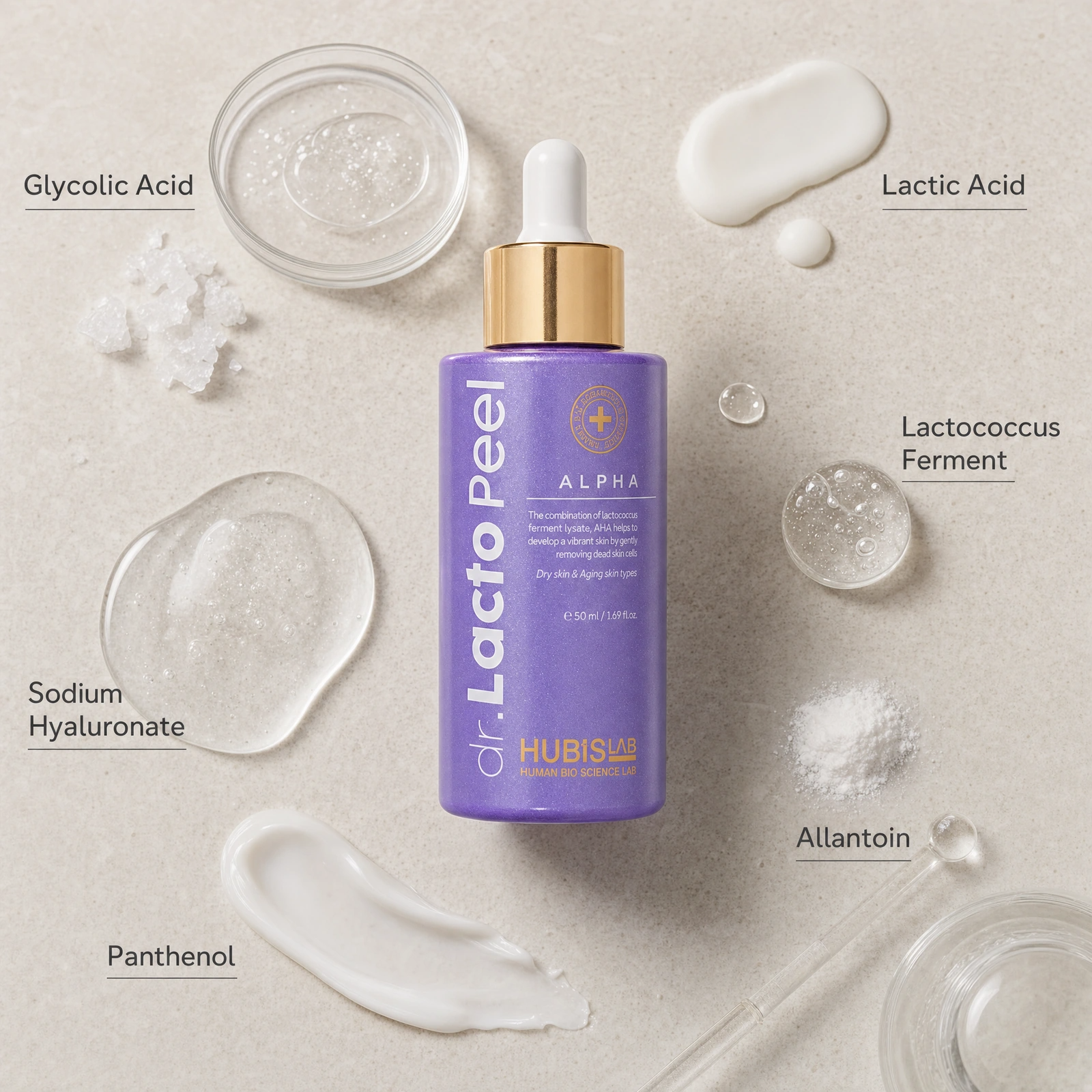Hubislab Dr. Lacto Peel Alpha 50ml ingredient flatlay with Glycolic Acid, Lactic Acid, Lactococcus Ferment, Sodium Hyaluronate, Allantoin and Panthenol.