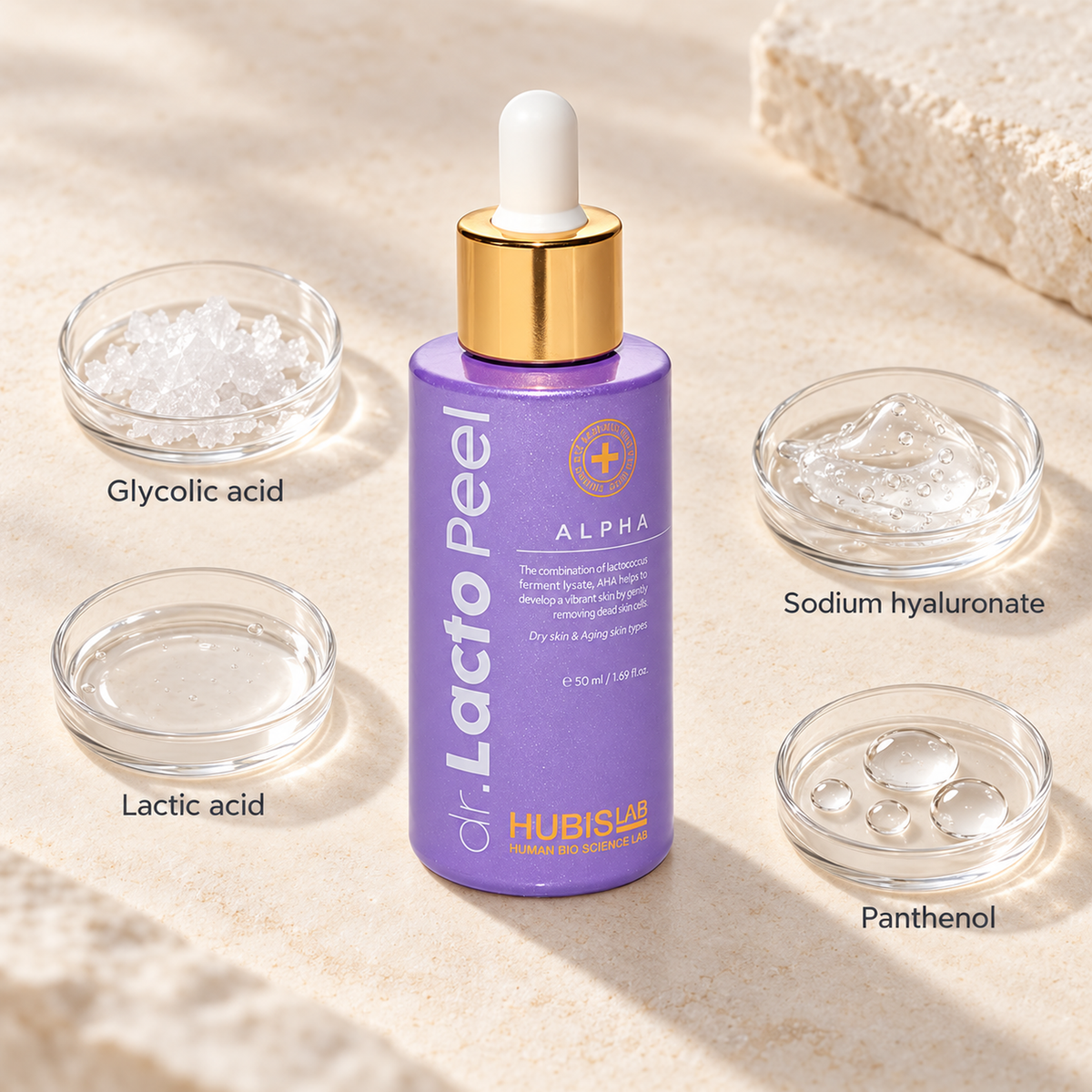HUBISLAB dr lacto peel alpha with illustrative selected ingredients: Glycolic acid, Lactic acid, Sodium hyaluronate, Panthenol.