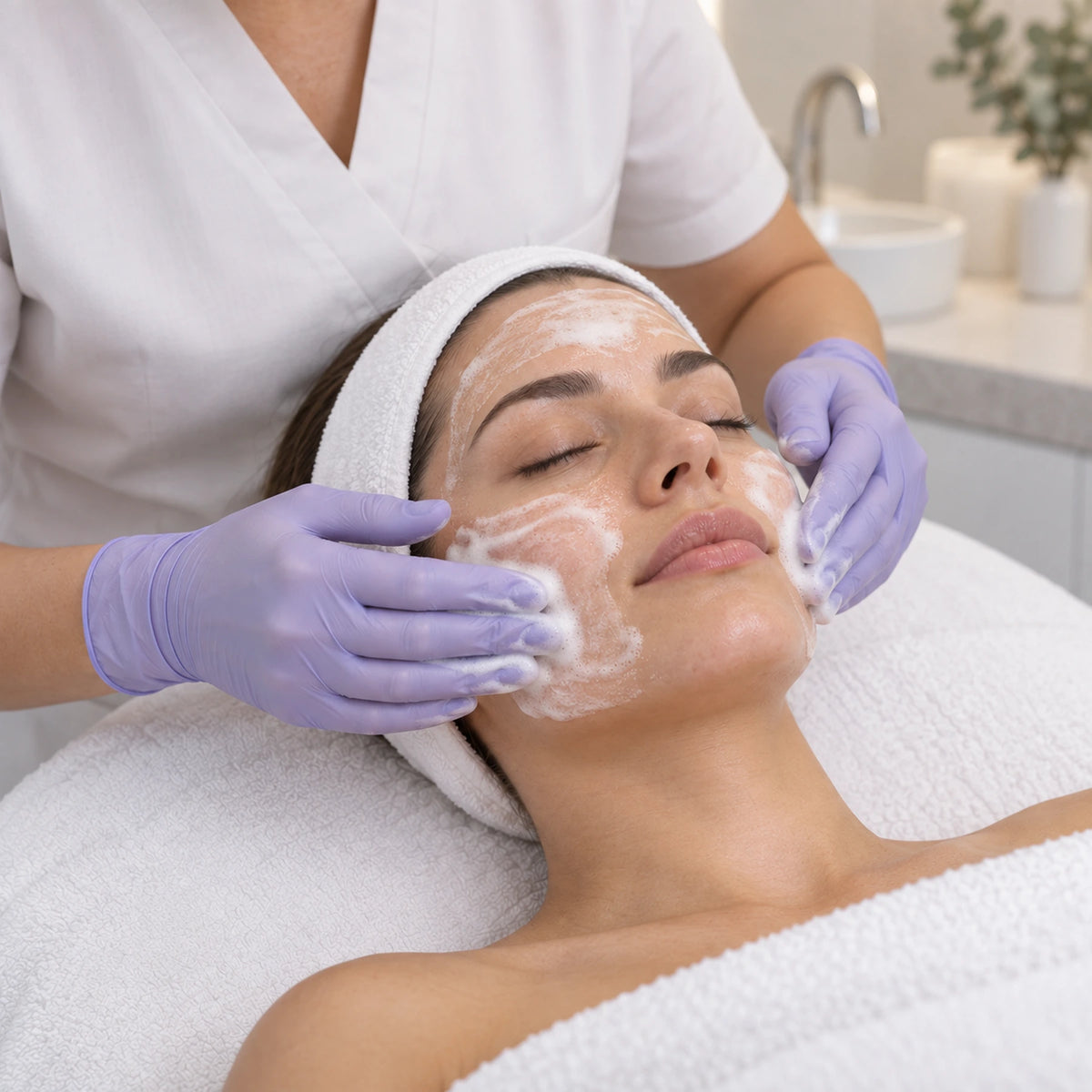 Therapist applying foaming neutraliser during the Dr. Lacto Peel treatment
