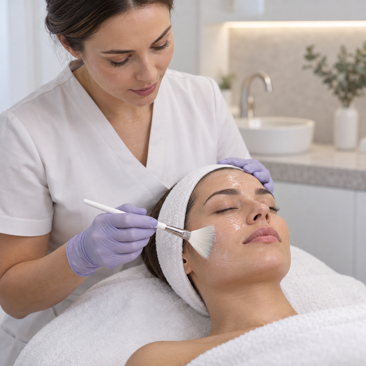 Therapist applying the HUBISLAB Dr. Lacto Peel Alpha treatment with a fan brush in a professional skin clinic.