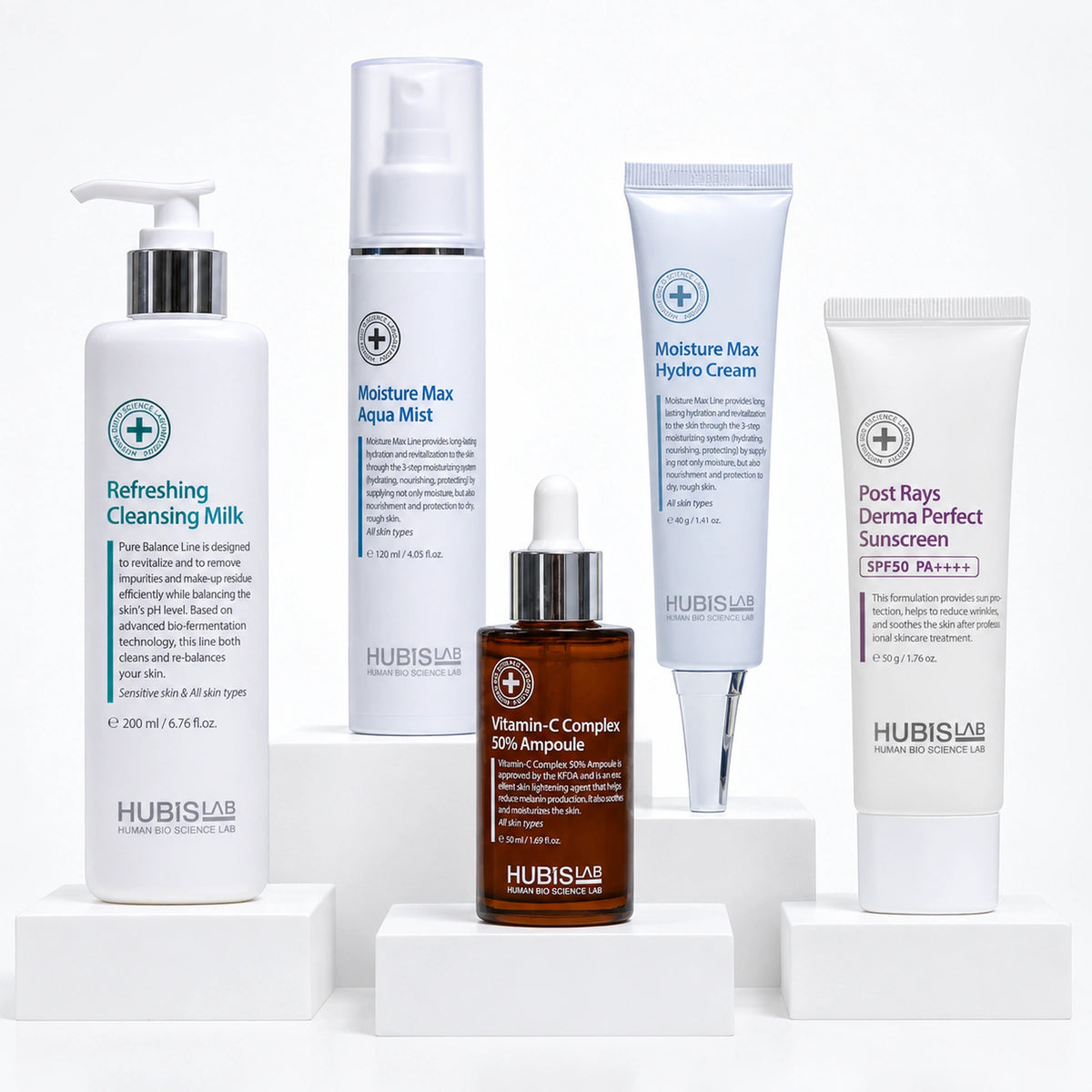 HUBISLAB retail homecare: Cleansing Milk 200 ml, Aqua Mist 120 ml, Hydro Cream 40 g, Vitamin-C Ampoule 50 ml and sunscreen 50 g