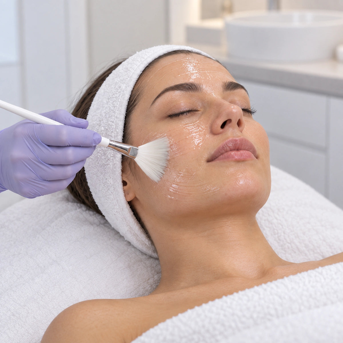 Therapist applying a clear soothing gel during the Dr. Lacto Peel facial