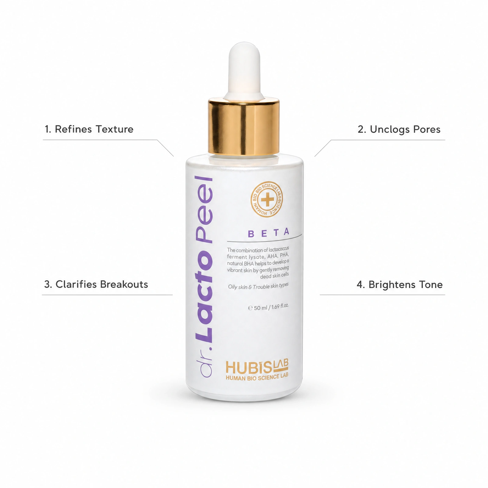 Hubislab Dr. Lacto Peel Beta 50ml professional white dropper bottle with benefit callouts for refining texture, unclogging pores, clarifying breakouts and brightening tone.