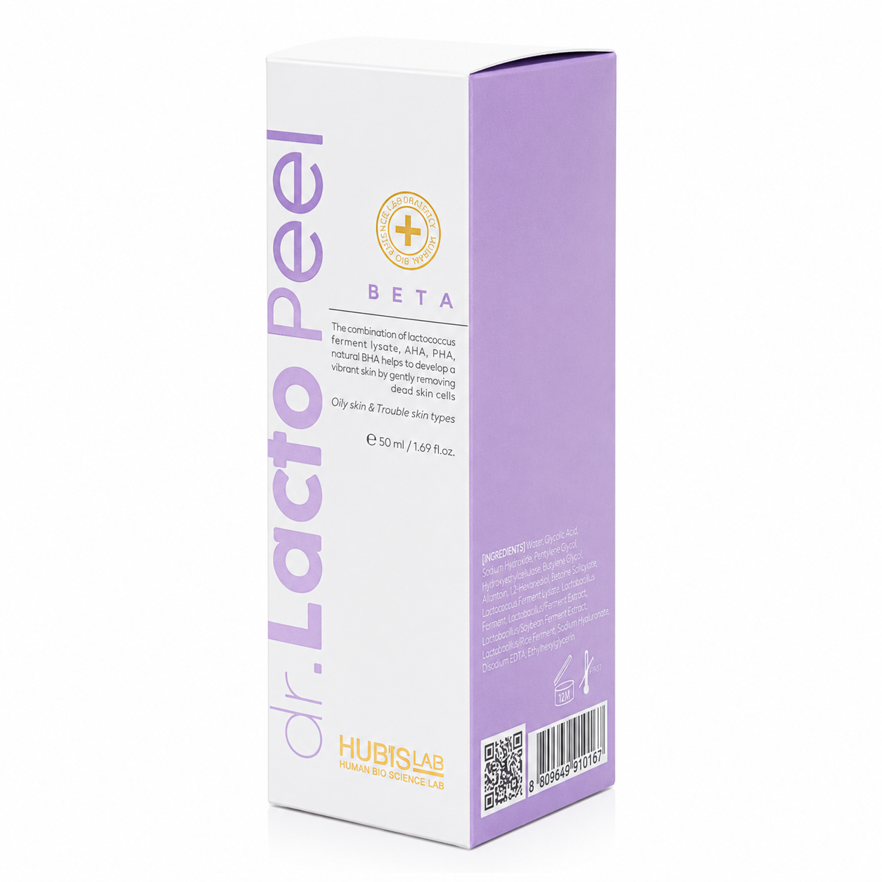 Hubislab Dr. Lacto Peel Beta 50ml product box for oily and troubled skin.