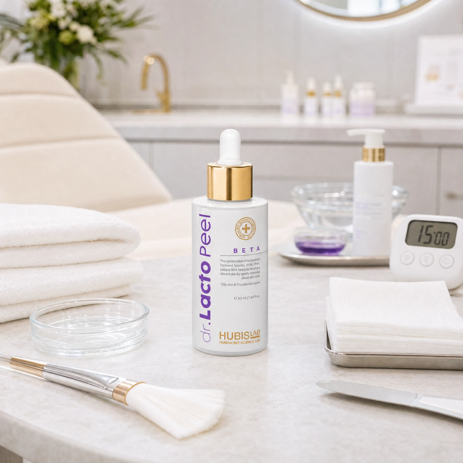 Hubislab Dr. Lacto Peel Beta 50ml displayed in a premium clinical treatment-room setting for professional multi-acid peel protocols, pore clarification and oily or acne-prone skin treatments.