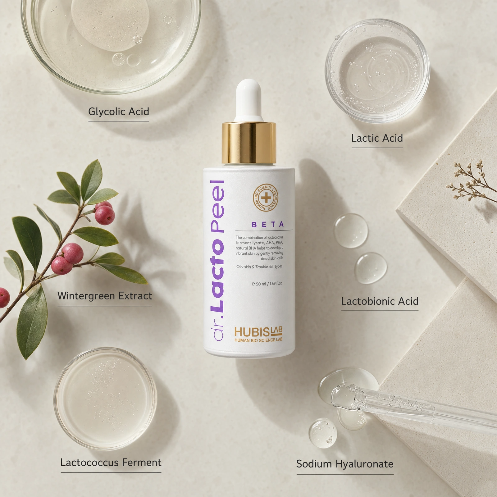 Hubislab Dr. Lacto Peel Beta 50ml ingredient flatlay with Glycolic Acid, Lactic Acid, Wintergreen Extract, Lactobionic Acid, Lactococcus Ferment and Sodium Hyaluronate.