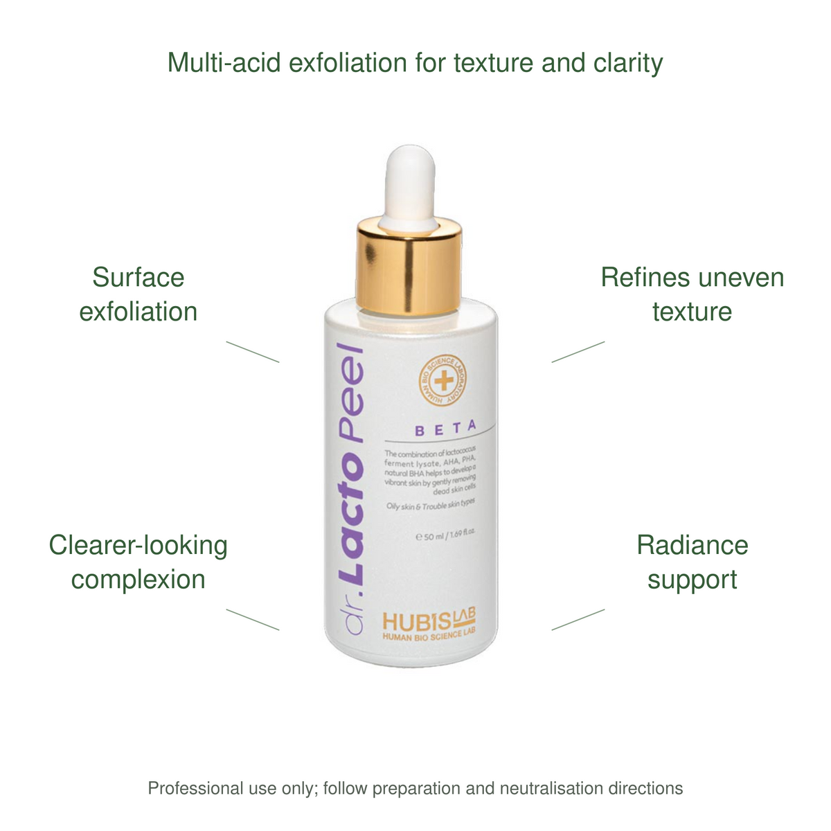 HUBISLAB dr lacto peel beta benefits: Surface exfoliation, Refines uneven texture, Clearer-looking complexion, Radiance support.