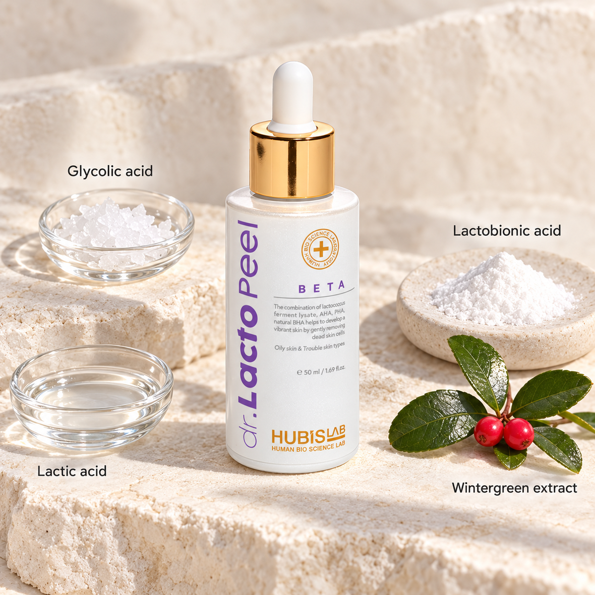 HUBISLAB dr lacto peel beta with illustrative selected ingredients: Glycolic acid, Lactic acid, Lactobionic acid, Wintergreen extract.