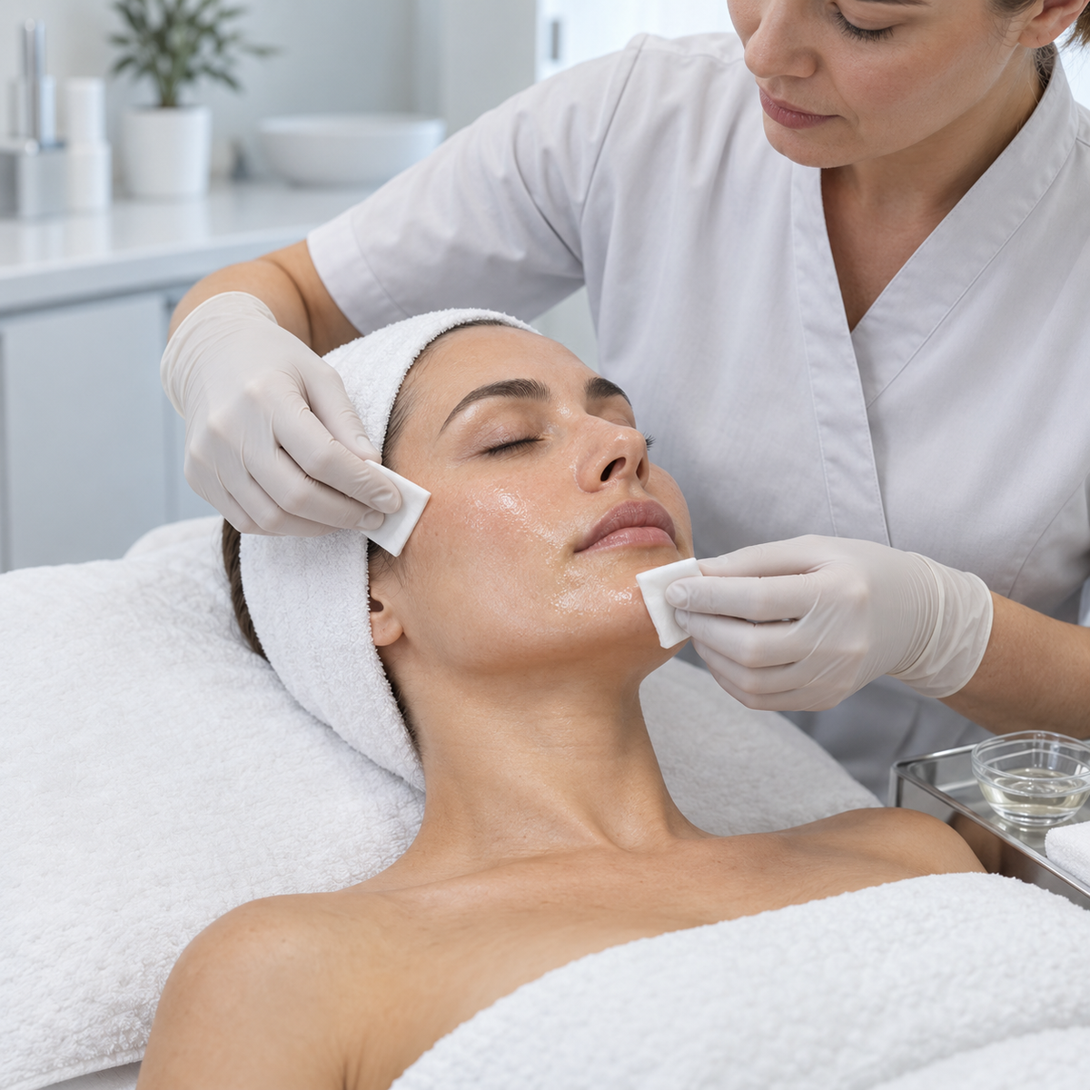 Therapist applying the HUBISLAB Dr. Lacto Peel Beta treatment with cotton pads in a professional skin clinic.