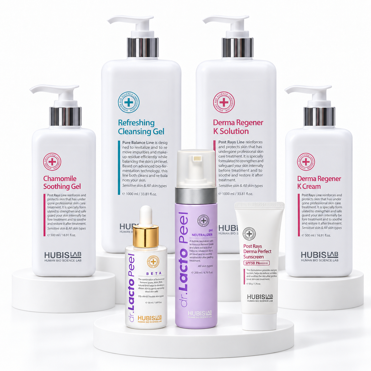Seven HUBISLAB products for the Dr. Lacto Peel Beta treatment arranged on white display stands.