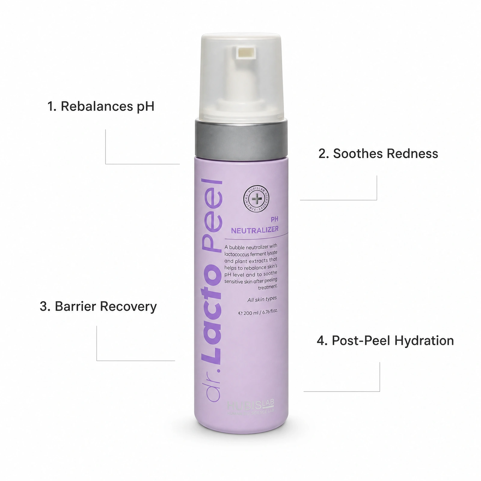 Hubislab Dr. Lacto Peel pH Neutralizer 200ml professional lavender foaming pump bottle with benefit callouts for rebalancing pH, soothing redness, barrier recovery and post-peel hydration.