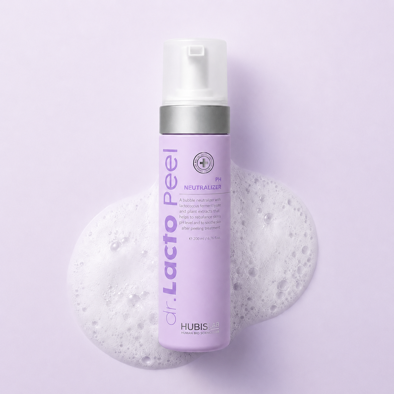 HUBISLAB Dr. Lacto Peel pH Neutralizer cleanser displayed with cleansing foam, formulated to help rebalance skin pH and soothe the skin following professional peeling treatments