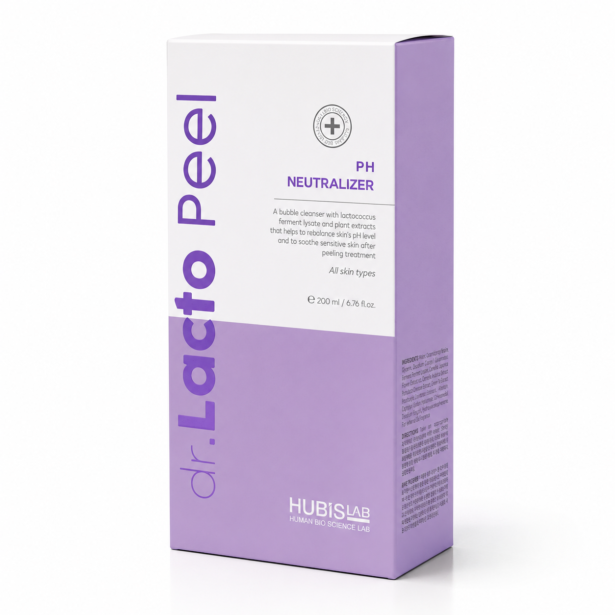 HUBISLAB Dr. Lacto Peel pH Neutralizer retail packaging featuring a professional post-peel skincare formula designed to help rebalance skin pH and soothe sensitive skin after exfoliation treatments.